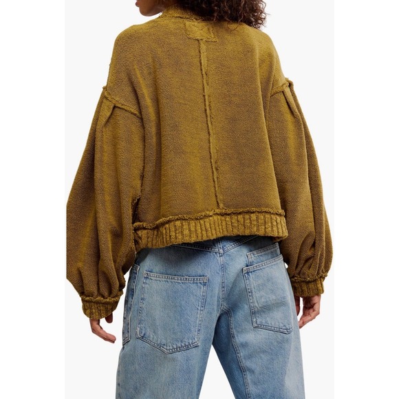 Free People Cute In This Cardigan Fir Green Sweater Size Large Bomber Collar NWT - Picture 2 of 4